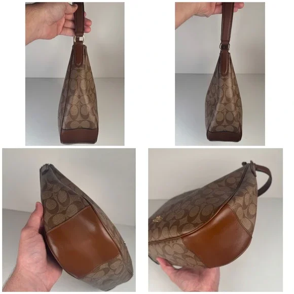 Coach Signature Khaki Canvas Tan Leather Shoulder Zip Hobo Monogram Purse F29209 - Picture 4 of 8